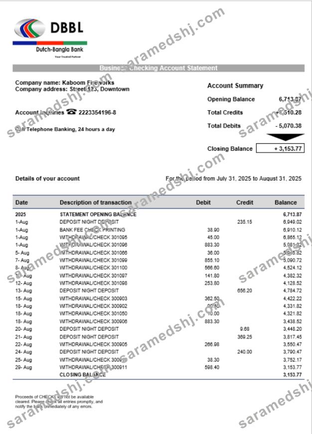 Dutch-Bangla corporate checking account statement Word and PDF template